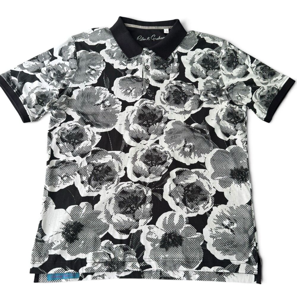 Robert Graham Polo Men L Classic Fit Black White Floral Cotton Short Sleeve Golf